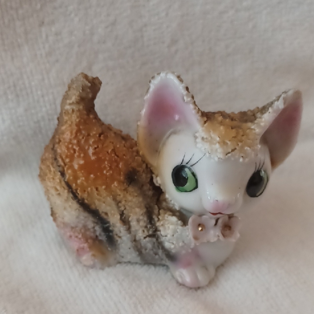 Anthropomorphic Ceramic Cat Figurine with Green Eyes Sugar Texture Japan 1950's
